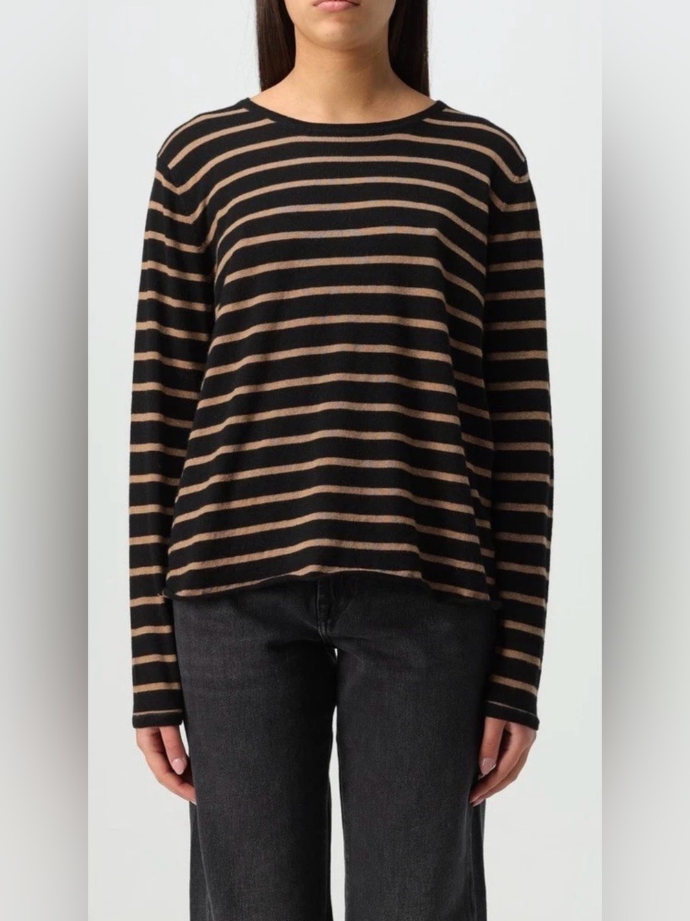 Majestic Fulatures cashmere soft Striped Long-Sleeve Crewneck Black Tan sz L/XL